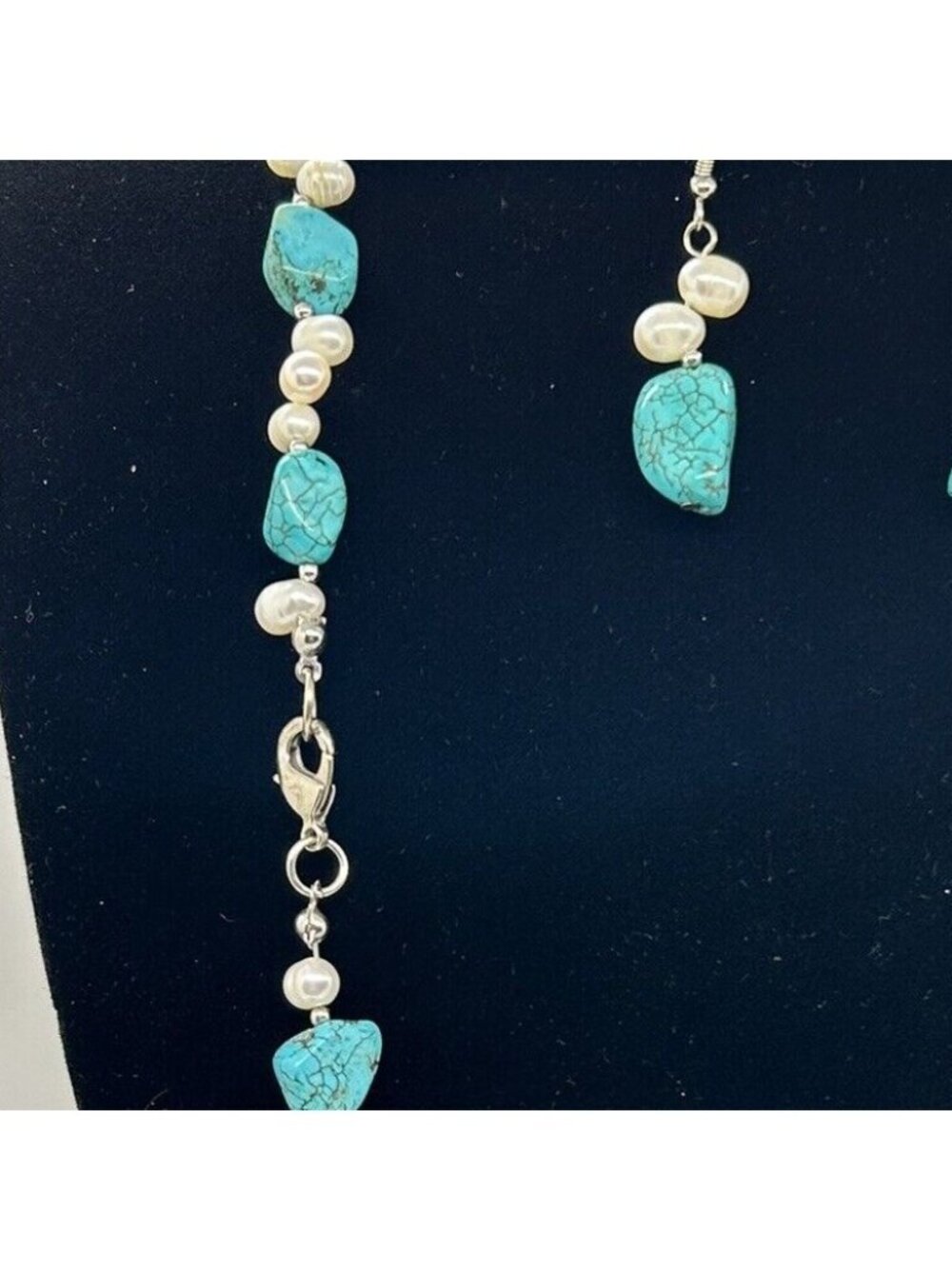 Turquoise Color Stone Freshwater Pearl Necklace Bracelet Earrings Jewelry Set - Picture 6 of 6
